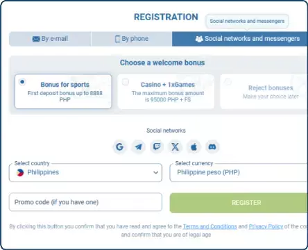 1xBet Registration with Social Media
